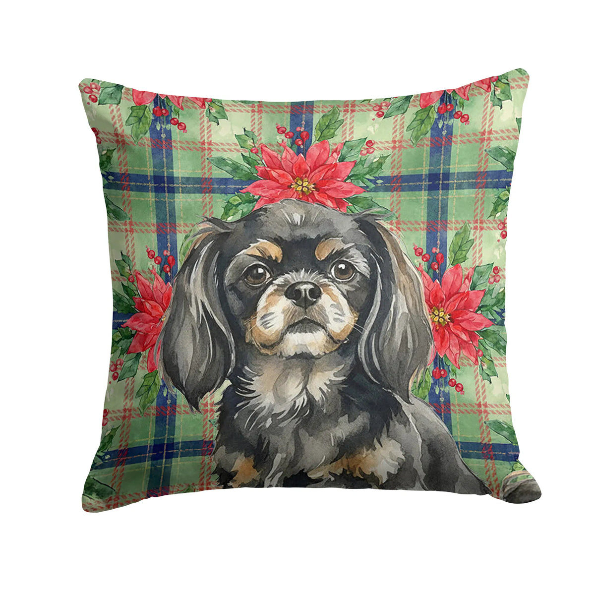 Black And Tan Tibetan Spaniel Christmas Poinsettias Throw Pillow