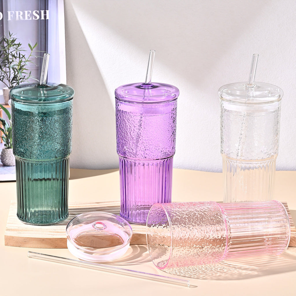 20 Oz 2-pack Green Glass Straw Cup With Vertical Pattern Cup And Lid