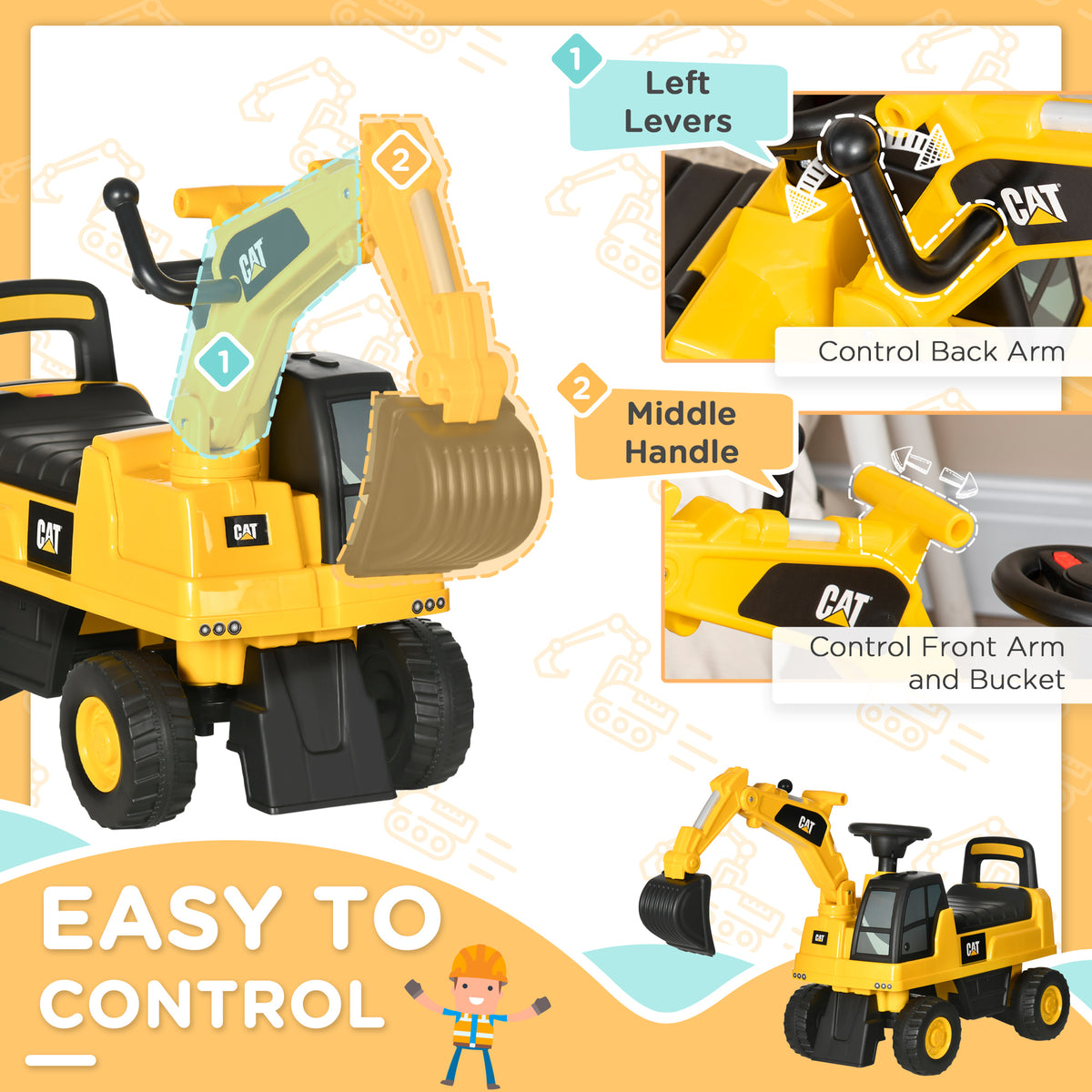 Kids Excavator Ride On Toy CAT Licensed With Manual Shovel, Horn