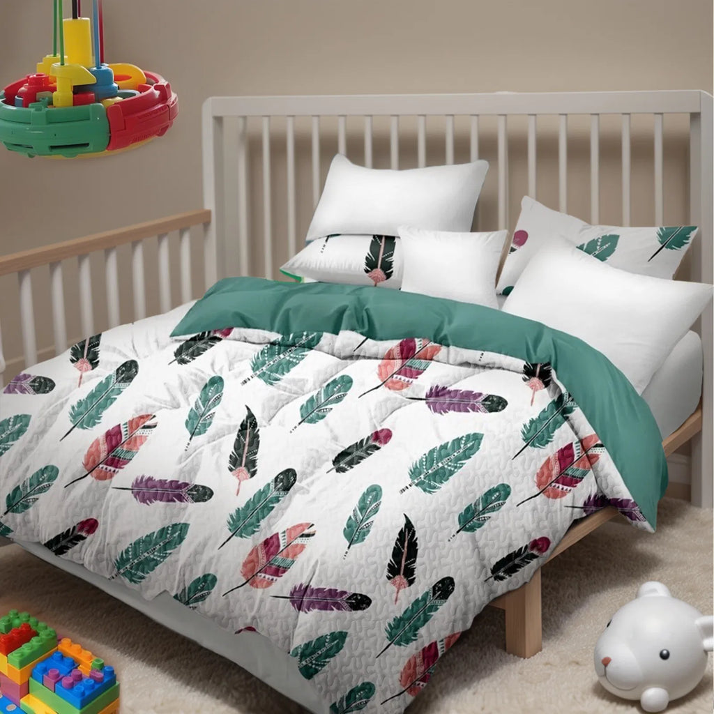 9-Piece Boho Feather Bedding & Curtain Set - Quilted Microfiber