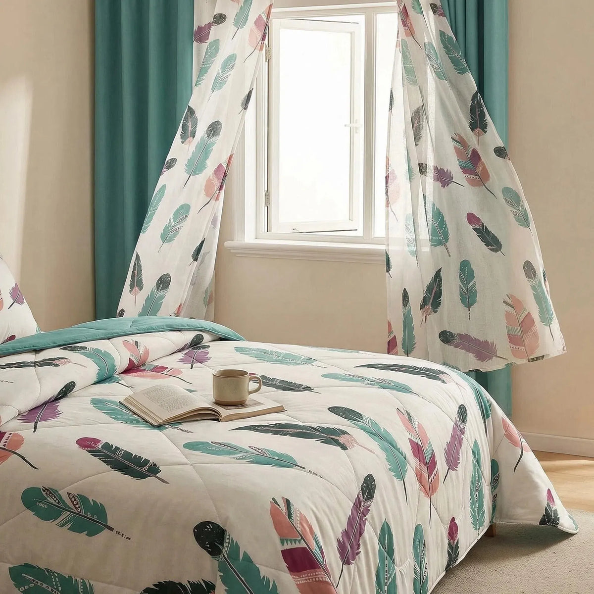 9-Piece Boho Feather Bedding & Curtain Set - Quilted Microfiber