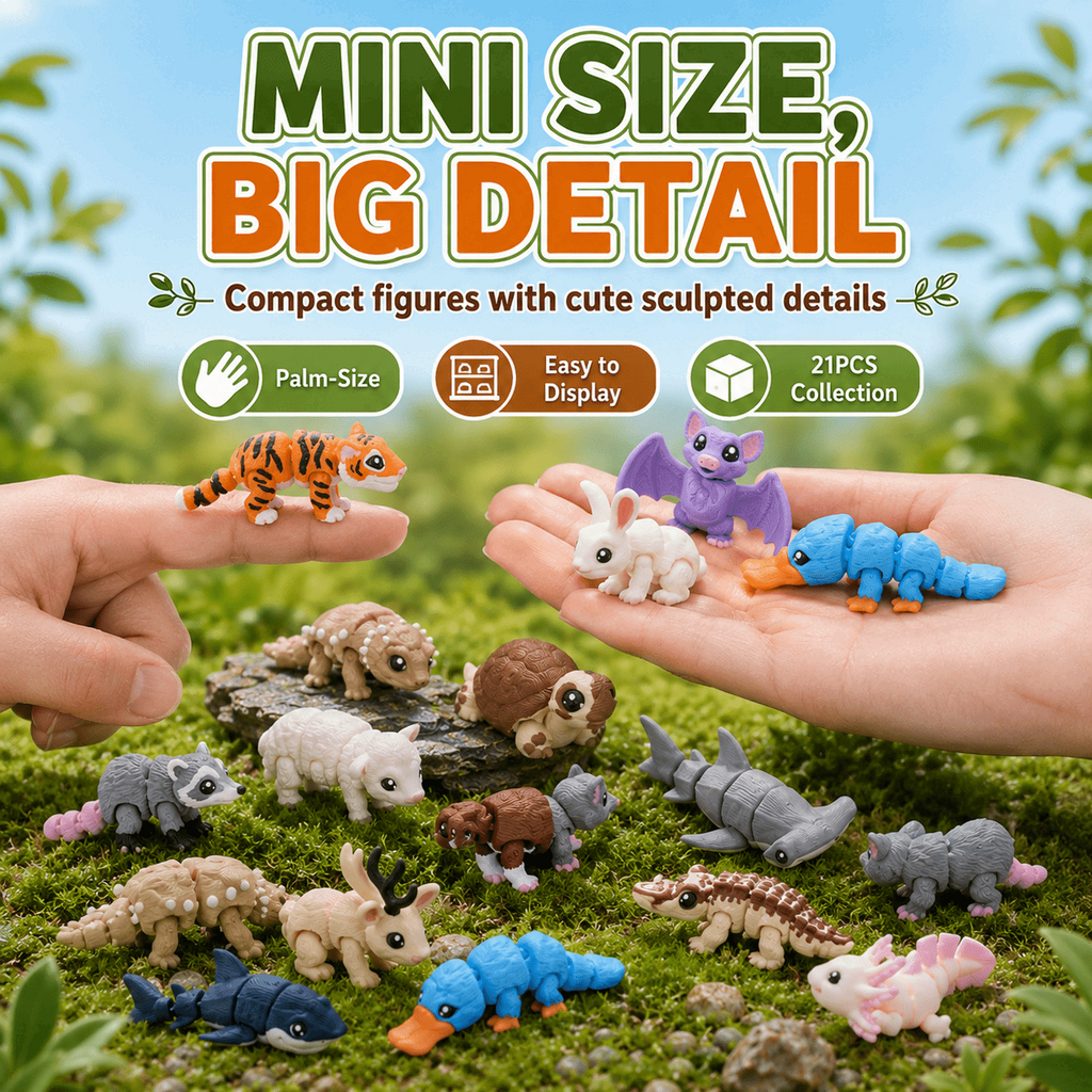 21PCS 3D Printed Mini Animal Figurine Set, Articulated Mixed Animal