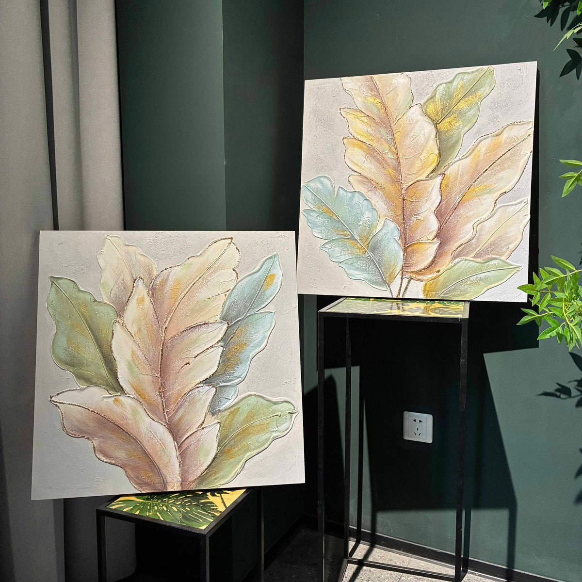 24x24 Set Of 2 Botanical Leaf Wall Art, Neutral Antique White & Green