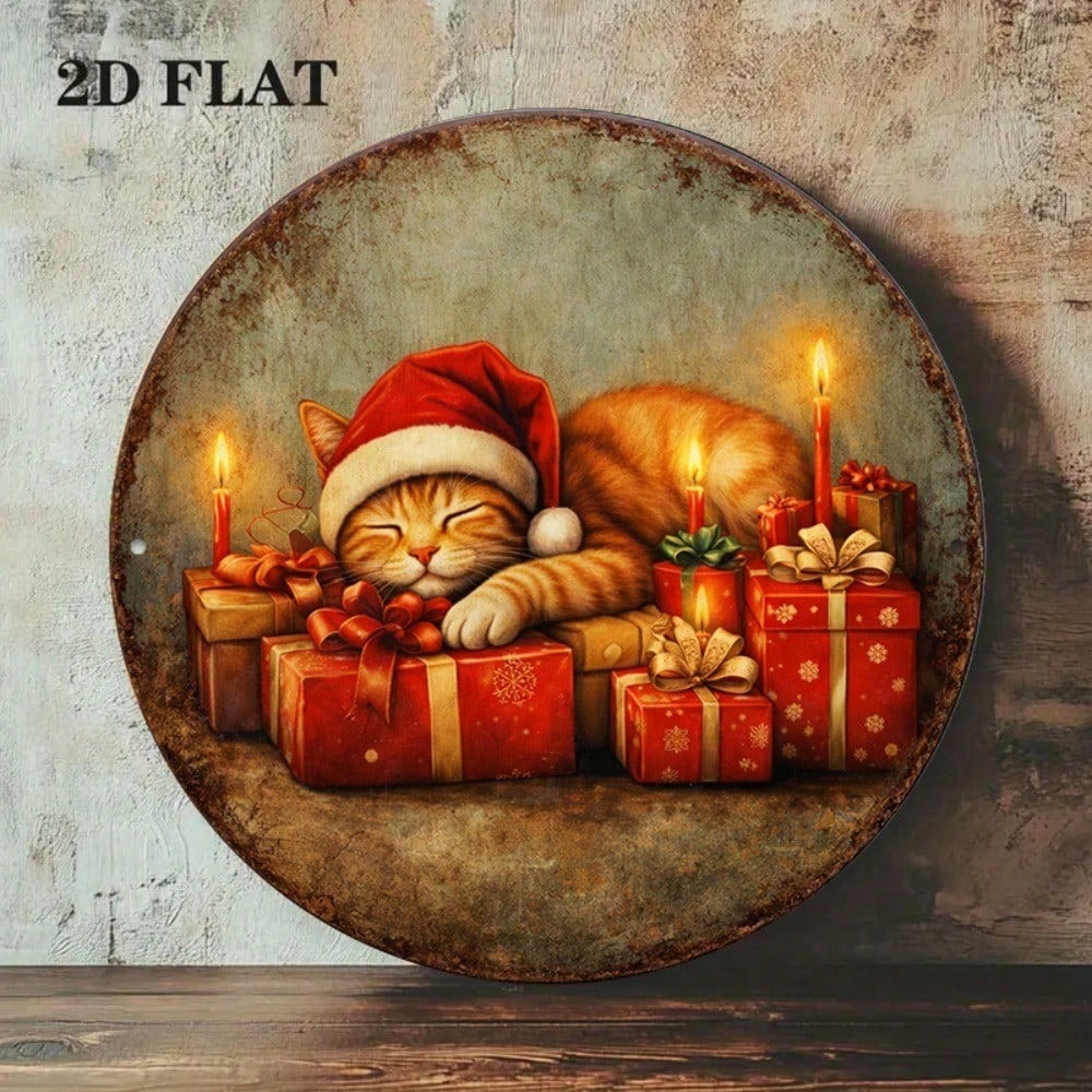 Vintage Christmas Kittens Round Sign 8x8in Cute Xmas Wall Decor