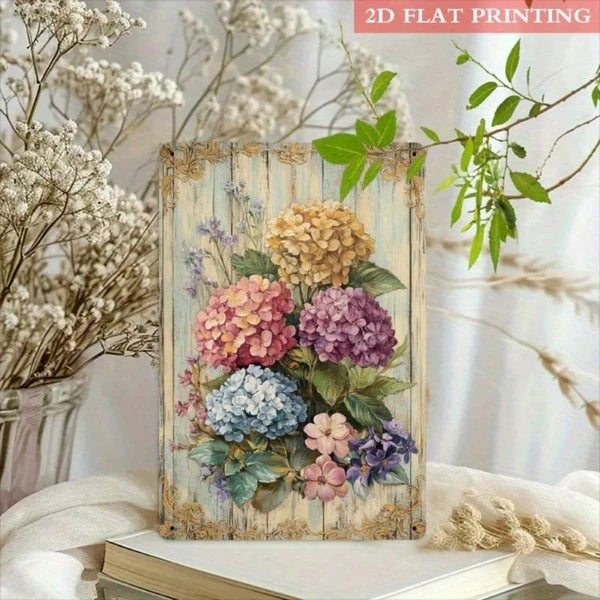 Vintage Metal Iron Sign Vibrant Hydrangea Bouquet With Golden Accents