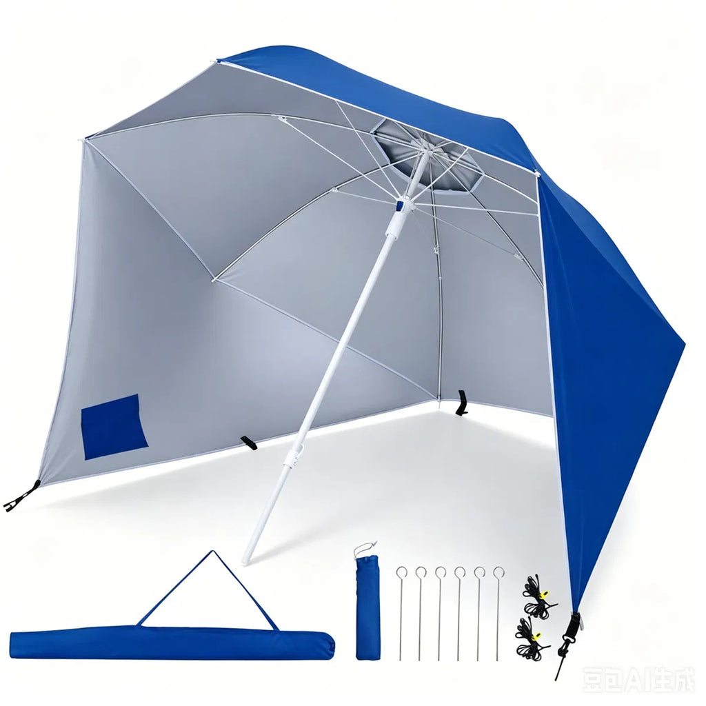 2-in-1 Portable Beach Umbrella With Side Panels UPF 50+ Silver Coated