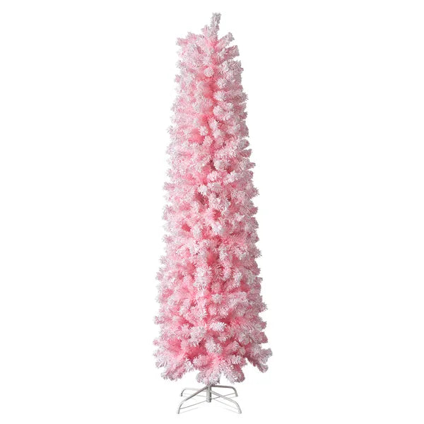 7.5 FT Snow Flocked Hinged Christmas Tree, Artificial Pencil Christmas
