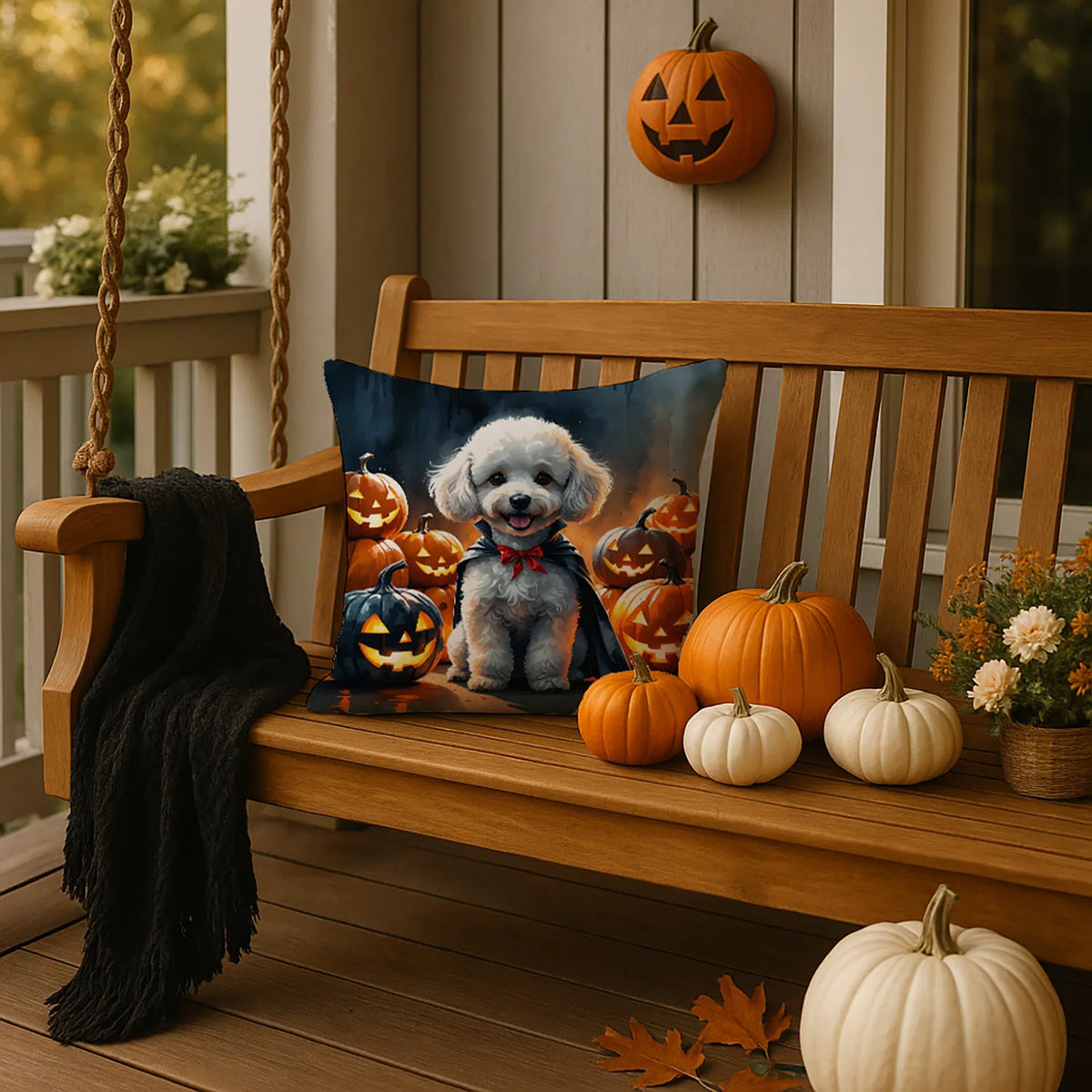 White Poodle Puppy Halloween Throw Pillow Machine Washable, Indoor