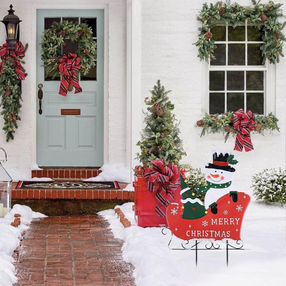 Outdoor Christmas Decorations, Metal Snowman With Sleigh Decorative