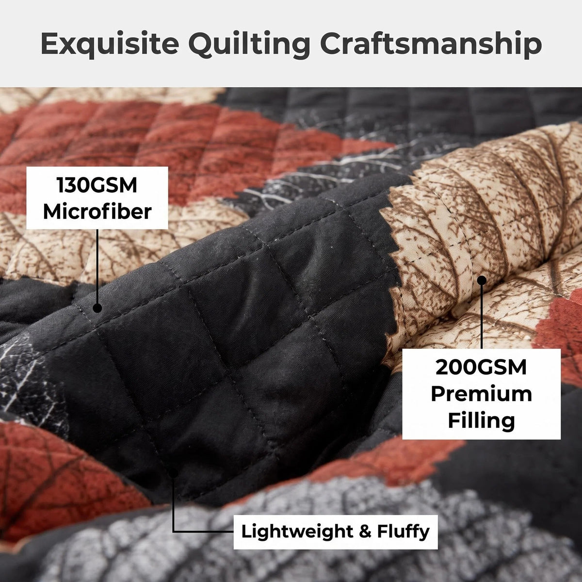 9-Piece Brown And Black Leaf Quilted Bedspread And Curtain Set