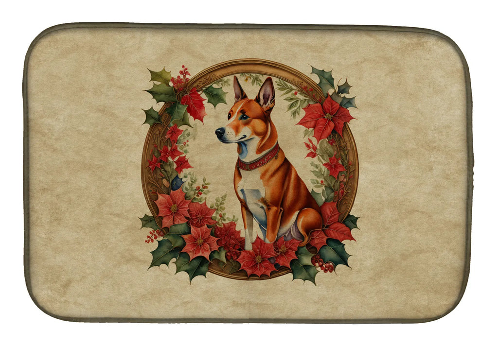 Basenji Christmas Flowers Dish Drying Mat Absorbent Dish Drying Mat Pad