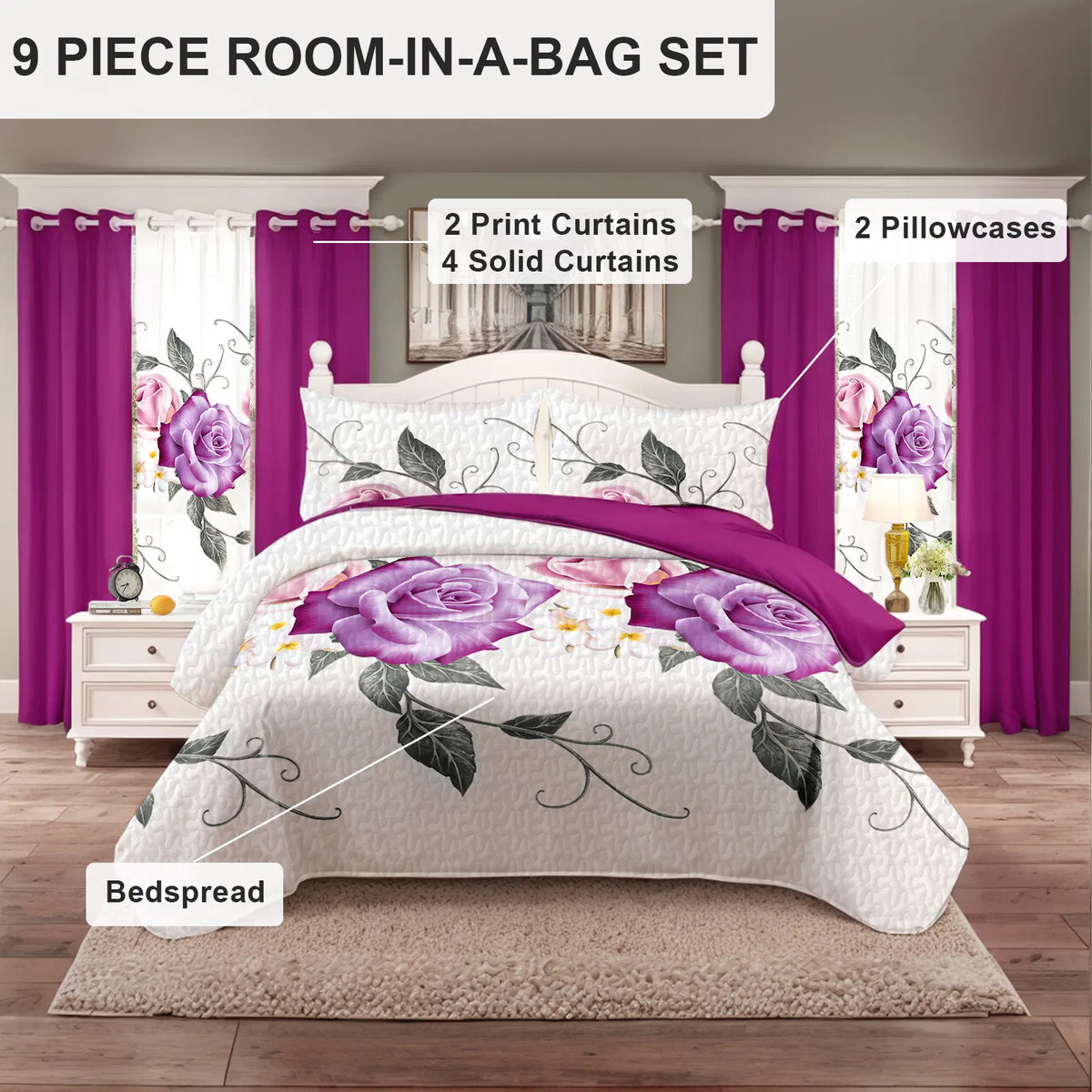 9-Piece Purple Rose Bedding & Curtain Set - Quilted Microfiber