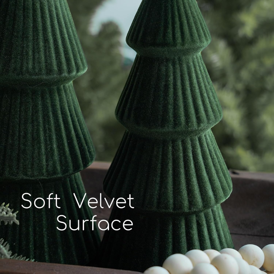Christmas Decorations Set Of 3 Velvet Ceramic Christmas Trees Green