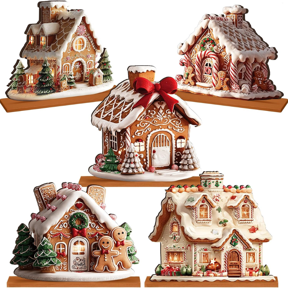 5 Pcs Gingerbread Christmas Table Decor, Gingerbread Village Set