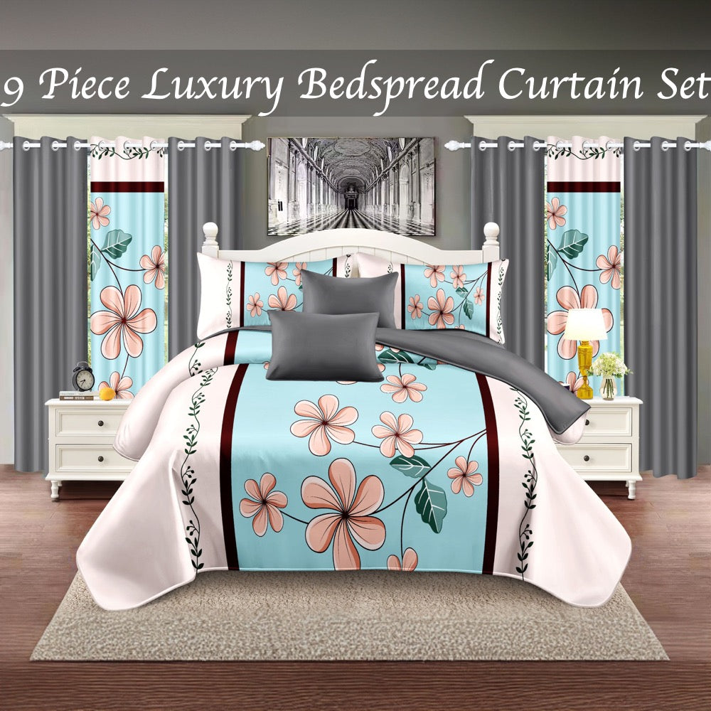 9-Piece Blue And Pink Gardenia Bedspread And Curtain Set, Reversible