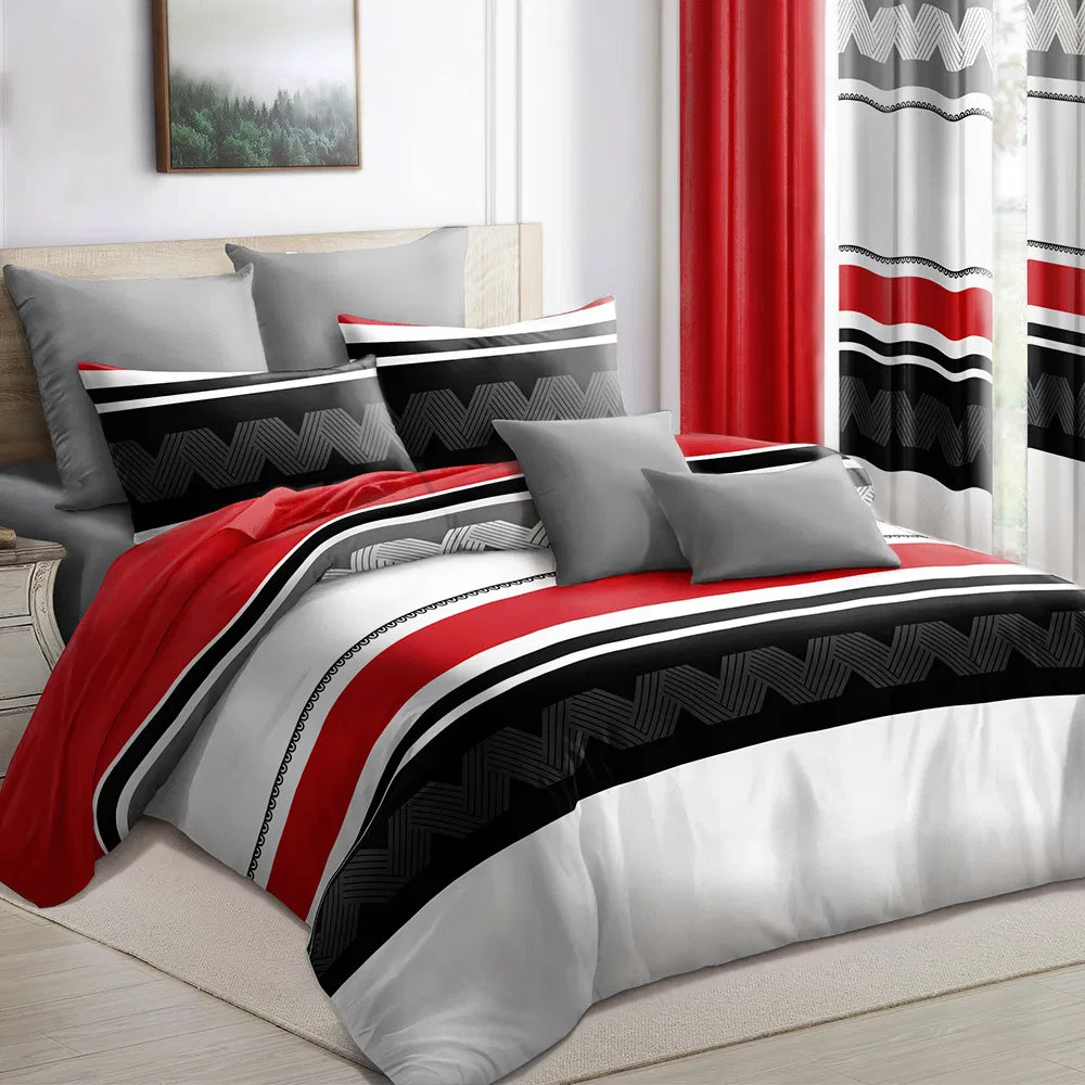 9-Piece Red & Geometric Zigzag Bedding & Curtain Set - Quilted