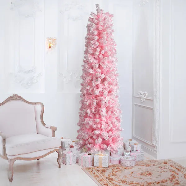 7.5 FT Snow Flocked Hinged Christmas Tree, Artificial Pencil Christmas