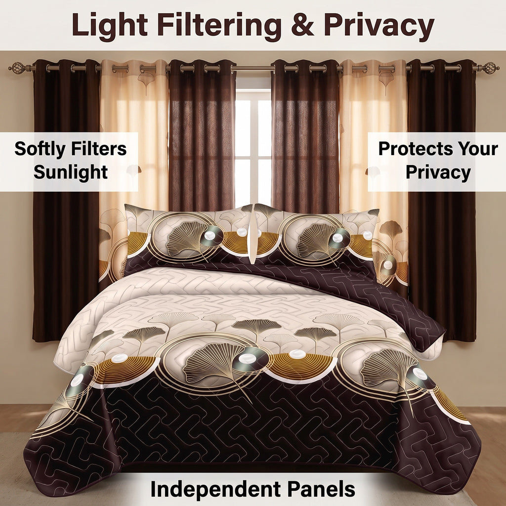 9-Piece Brown And Black Lotus Bedspread And Curtain Set, Reversible