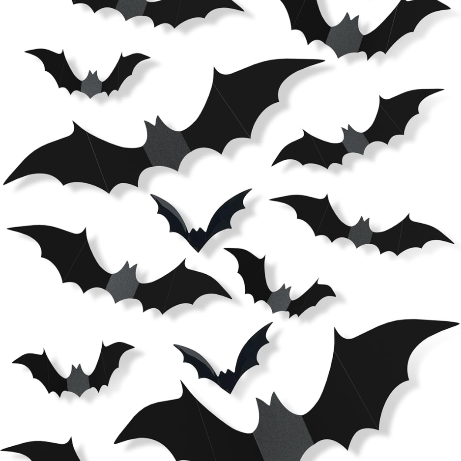 120 Pcs 3D Halloween Bat Decorations, 5 Sizes, Removable Wall Decor