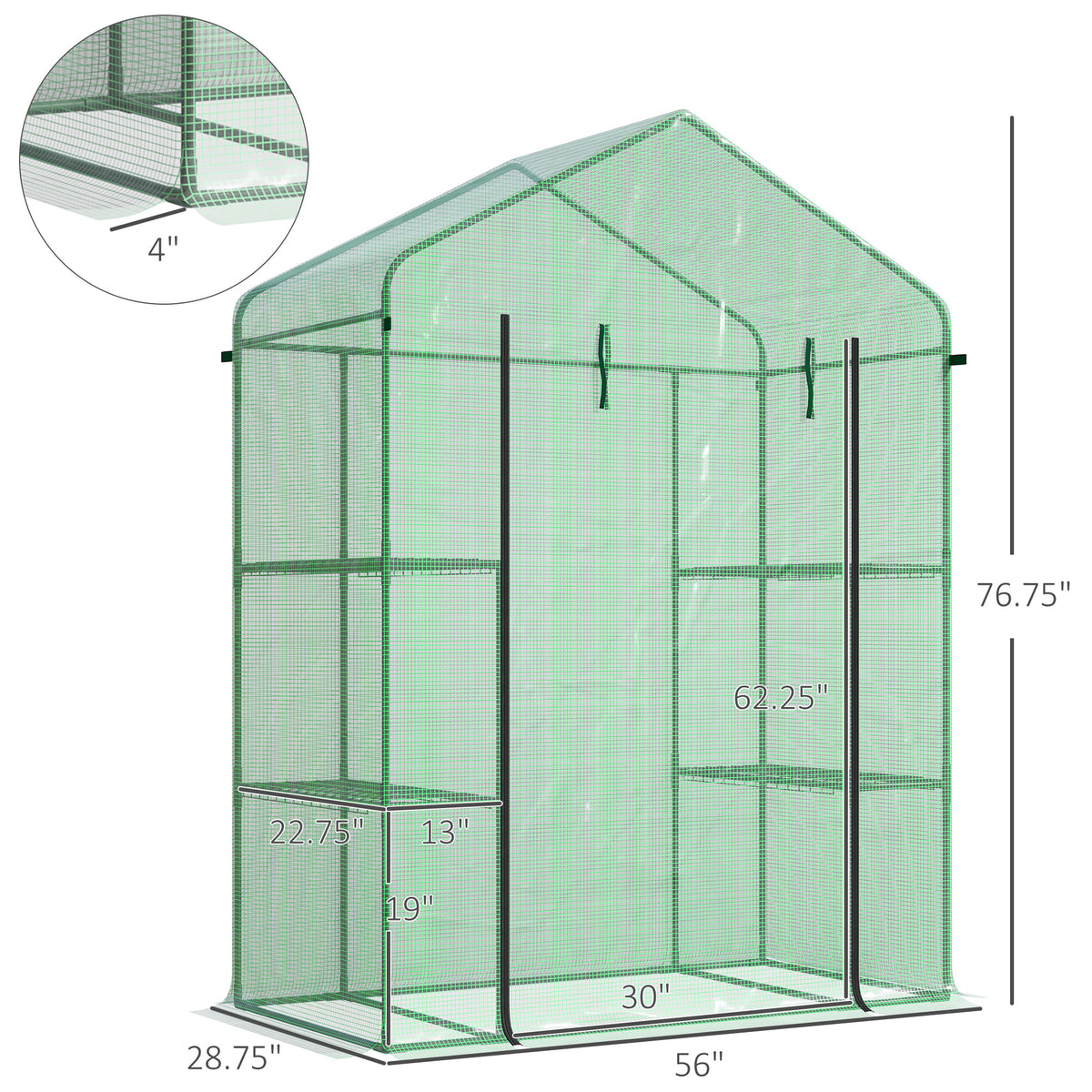 56" X 29" X 77" Walk-in Greenhouse, Garden House With 3 Tier Shleves