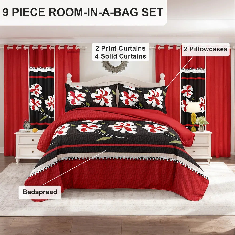 9-Piece Red & Black Floral Bedding & Curtain Set - Quilted Microfiber