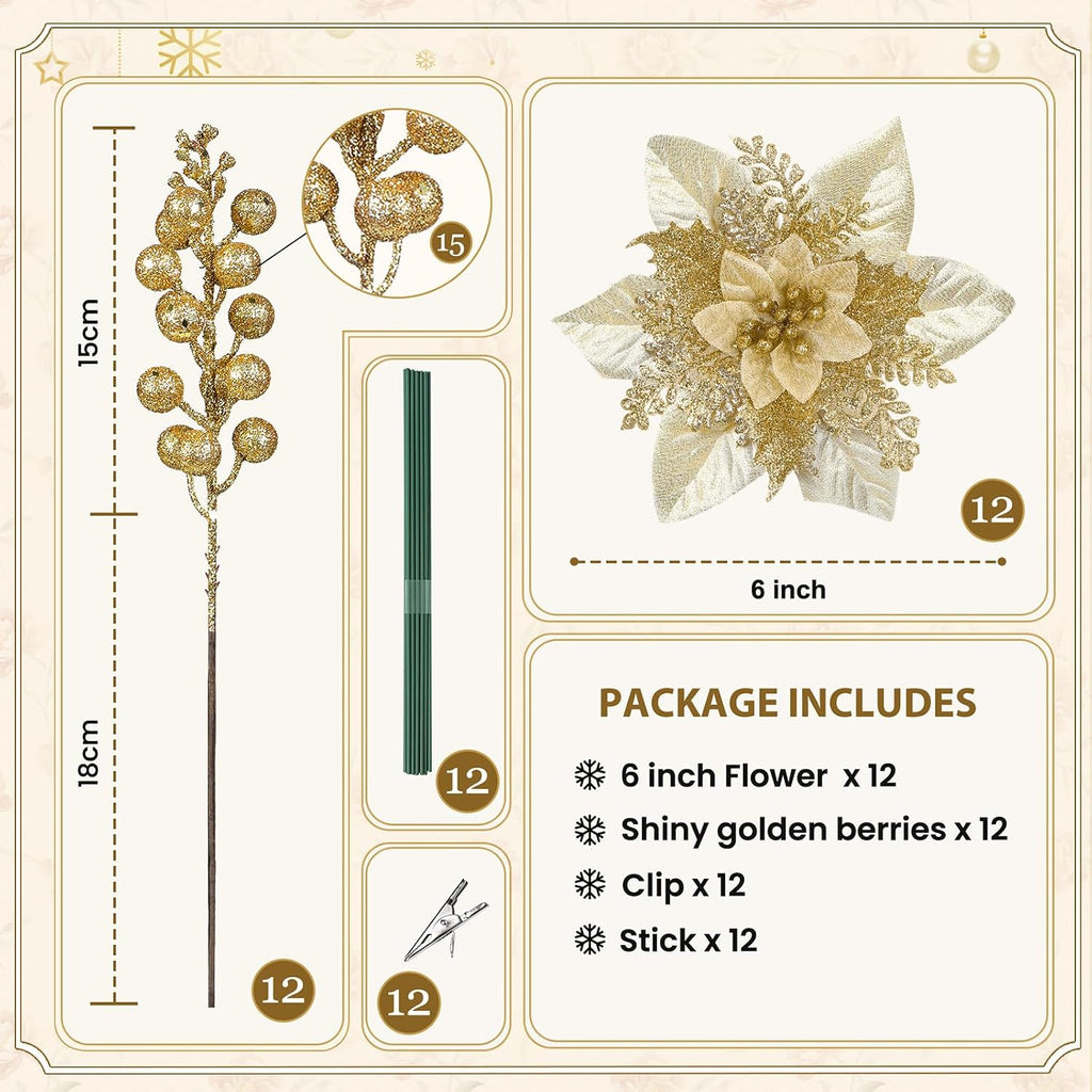Artificial Christmas Poinsettia Flowers And Berries 24 Units, Faux