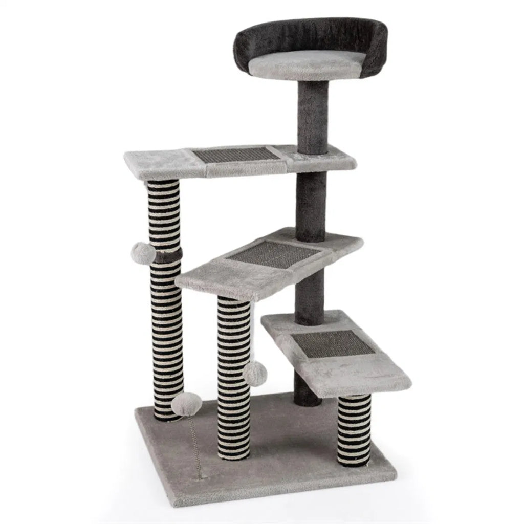 37" Tall Cat Stairs With Scratching Mats - 3-Tier Perches, Spring Ball