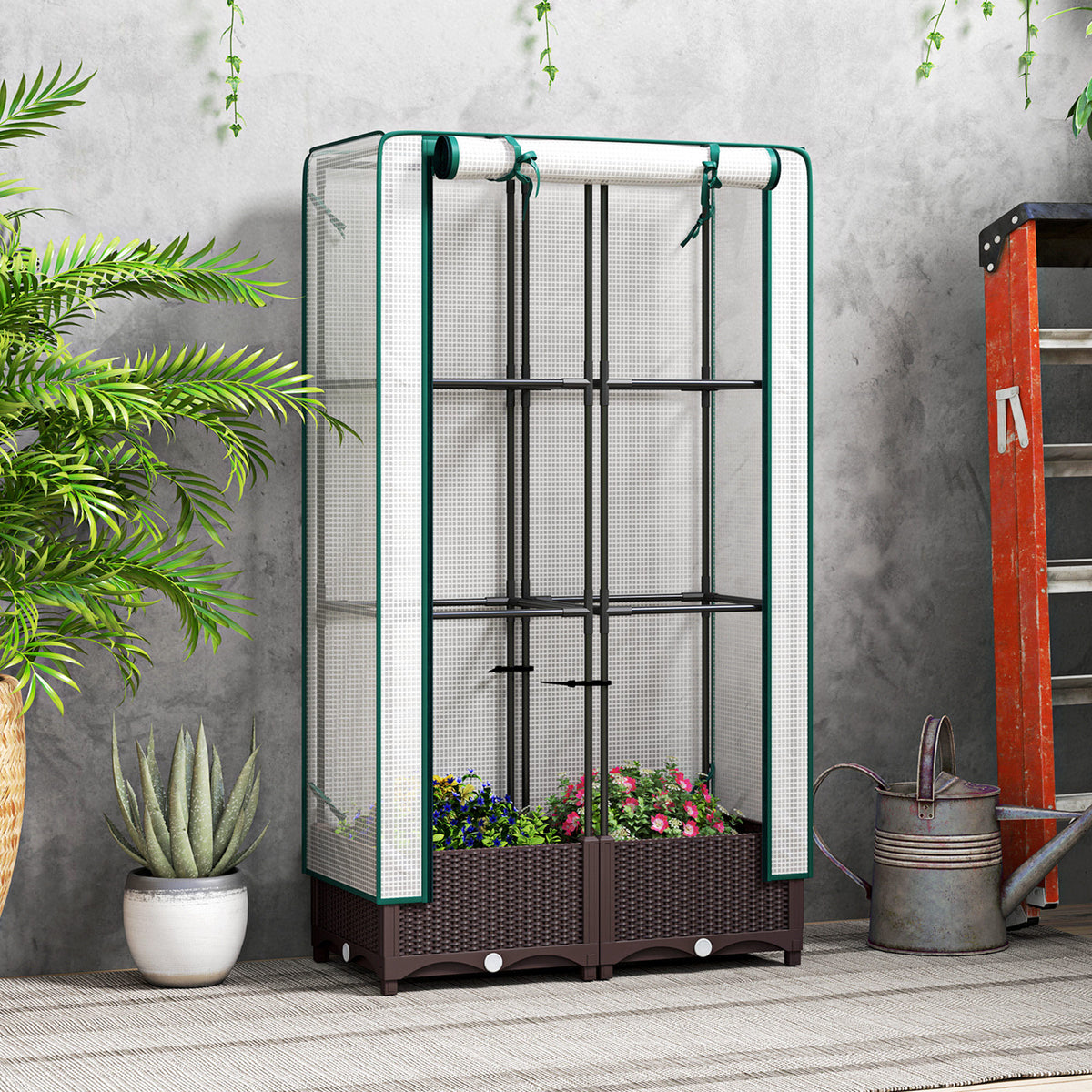Garden Bed With Trellis, Outdoor Plant Box With PE Cover, Drainage