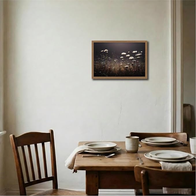 Framed Vintage White Wildflowers Wall Art Moody Fall Floral Landscape