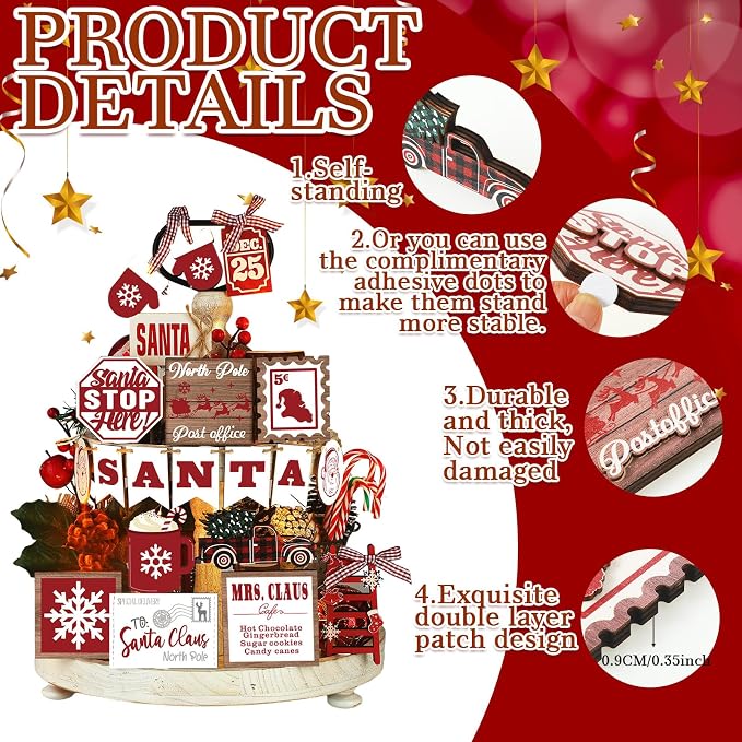 17-Piece Rustic Christmas Tiered Tray Decor Set With Santa