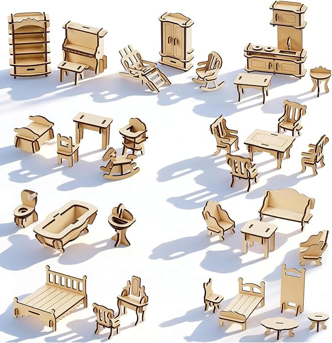 34-Piece Wooden Dollhouse Furniture Set, Scale Miniature Furniture
