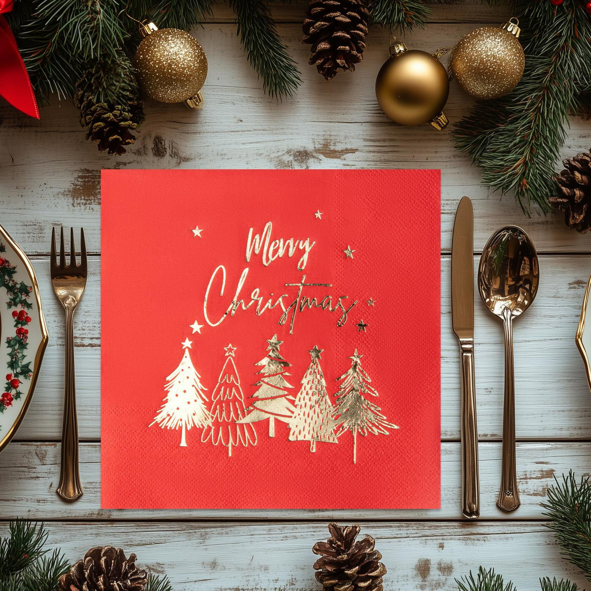 80Pcs Merry Christmas Paper Napkins, Gold Five Xmas Trees Disposable