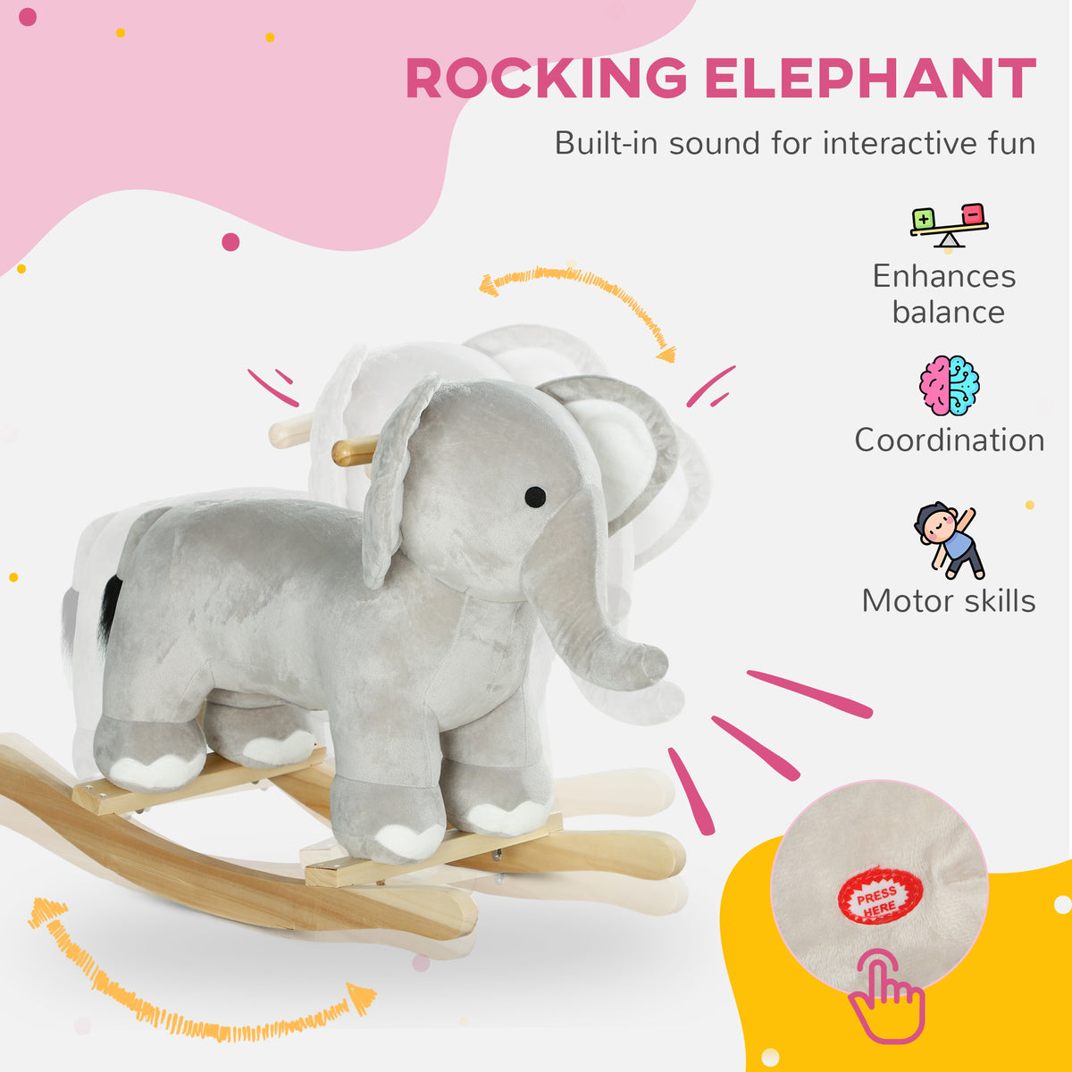 Kids Rocking Animal, Elephant Rocker With Realistic Sounds, Plush Ride