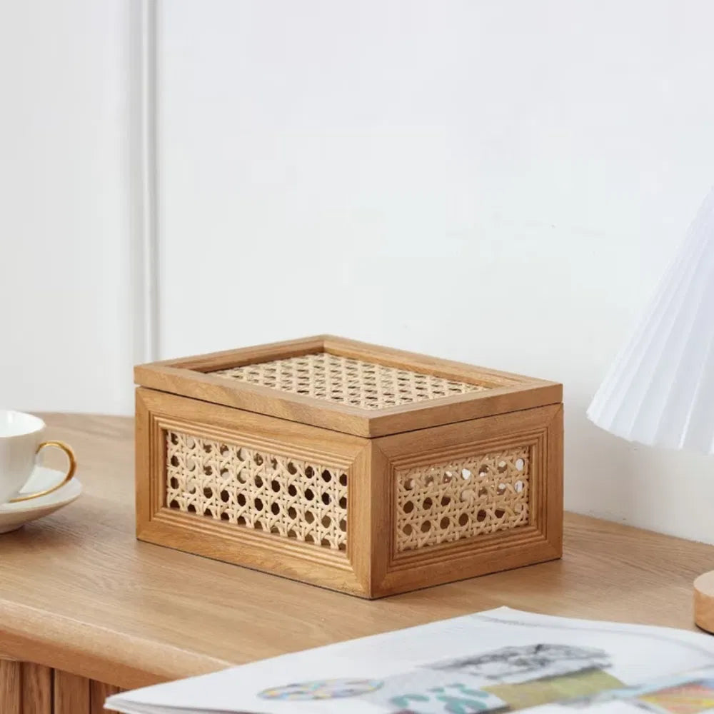 Oblong Rattan And Wood Decorative Tabletop Box