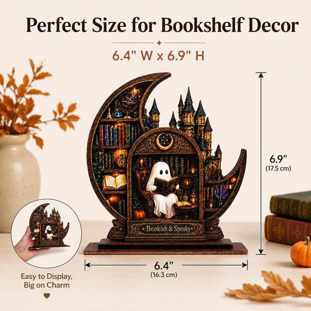Bookish Spooky Halloween Decor, Castle Bookshelf Scene With Reading