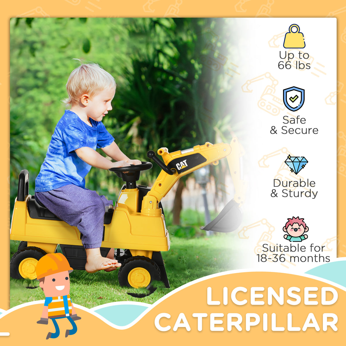 Kids Excavator Ride On Toy CAT Licensed With Manual Shovel, Horn