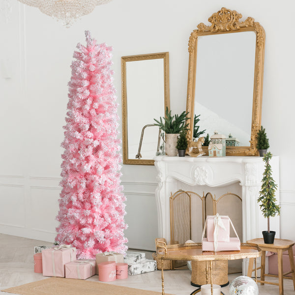 7.5 FT Snow Flocked Hinged Christmas Tree, Artificial Pencil Christmas