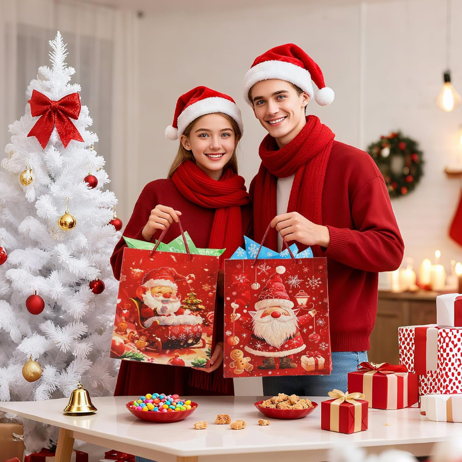12 Christmas Gift Bags With 12 Tissues And 1 Satin Ribbon Medium