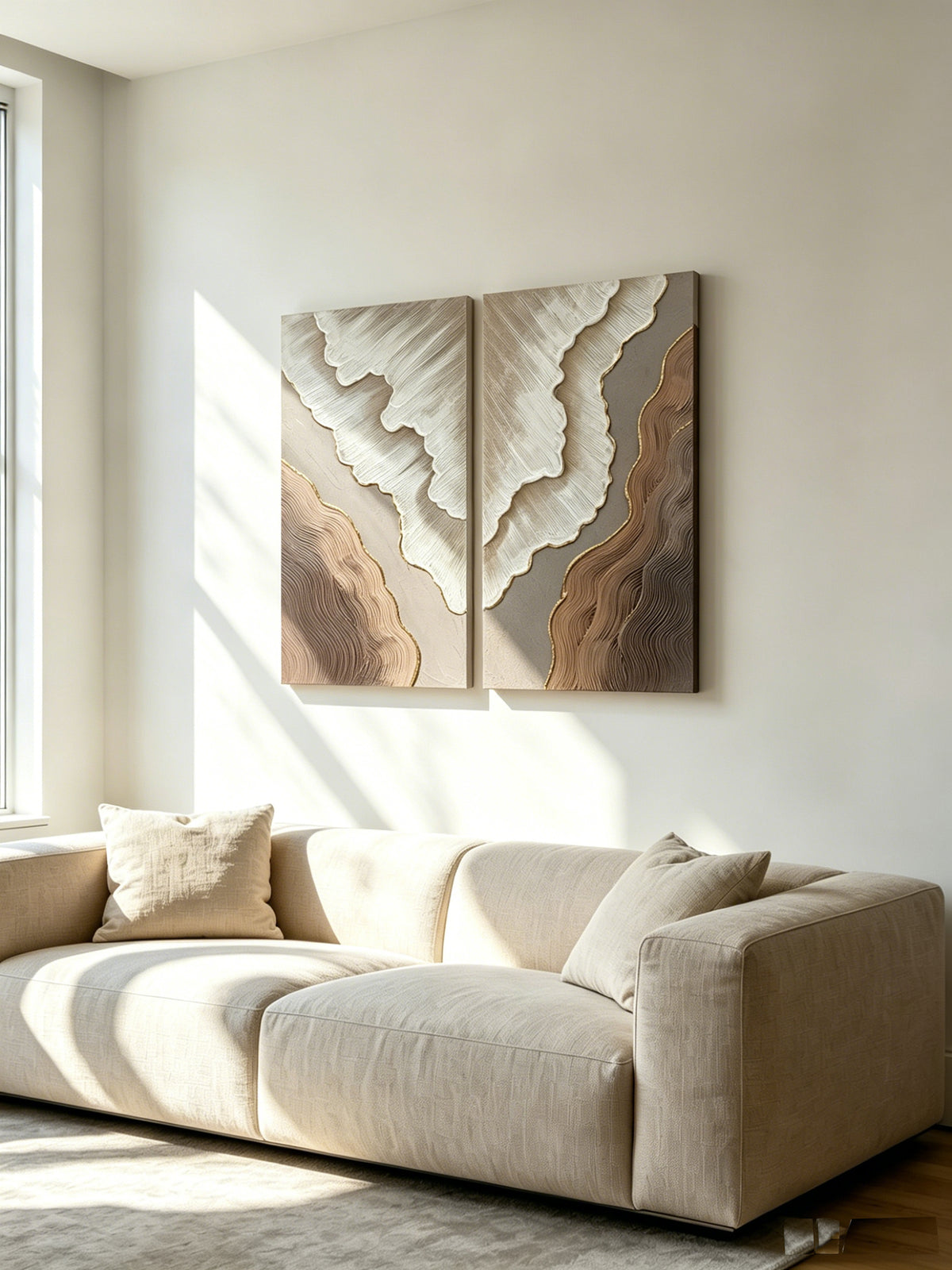 20x40 Set Of 2 Abstract Wall Art, Neutral Antique White & Beige Brown