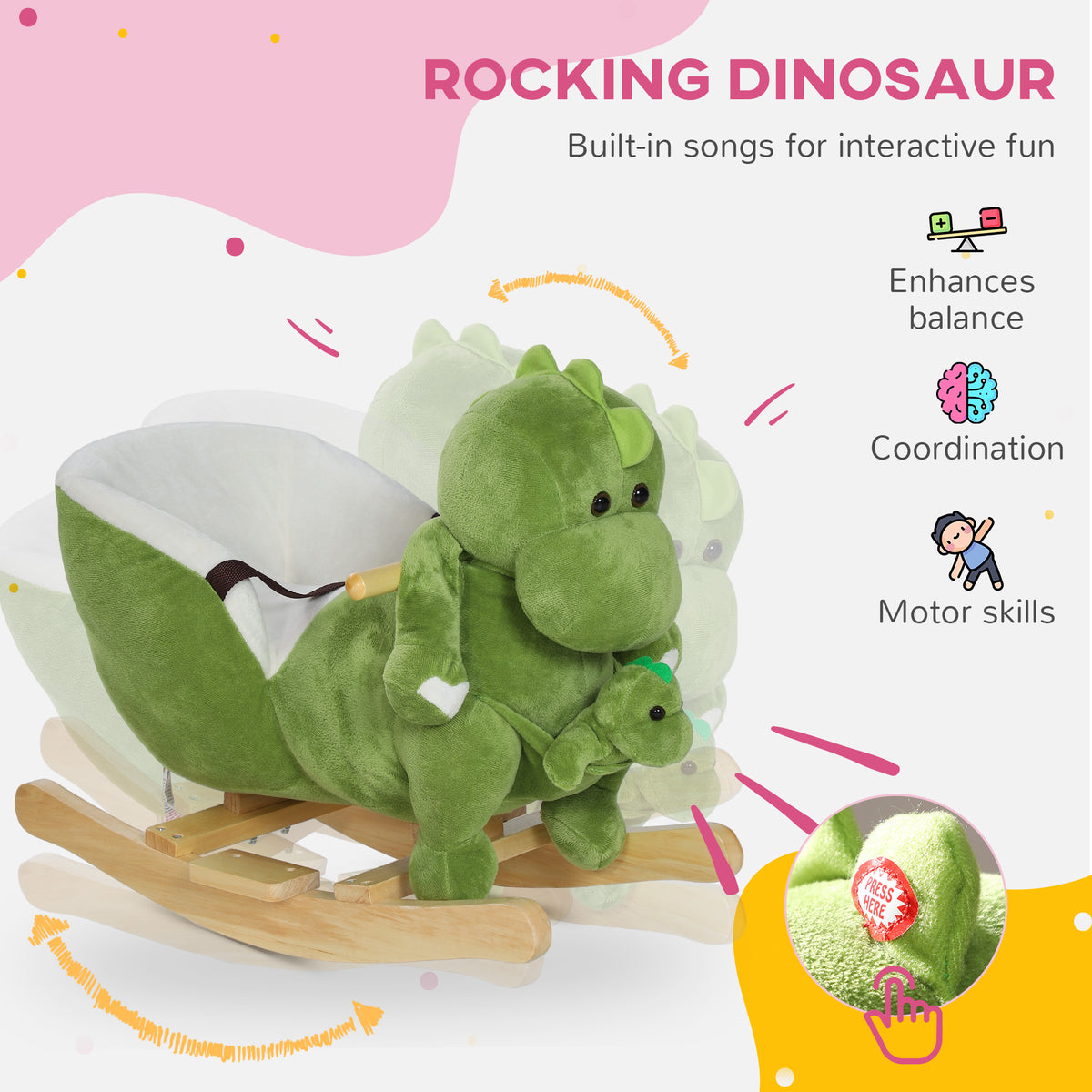 Rocking Horse, Ride On Dinosaur W/ Seat Belt, 32 Songs & Hand Puppet