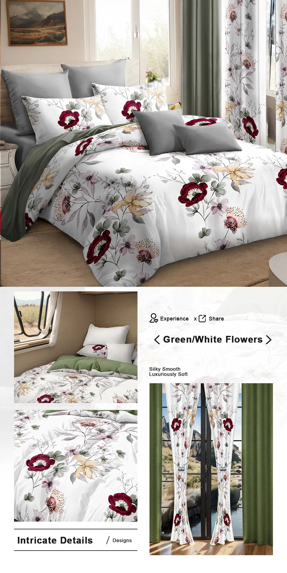 9-Piece Sage Green Watercolor Floral Bedding & Curtain Set - Quilted