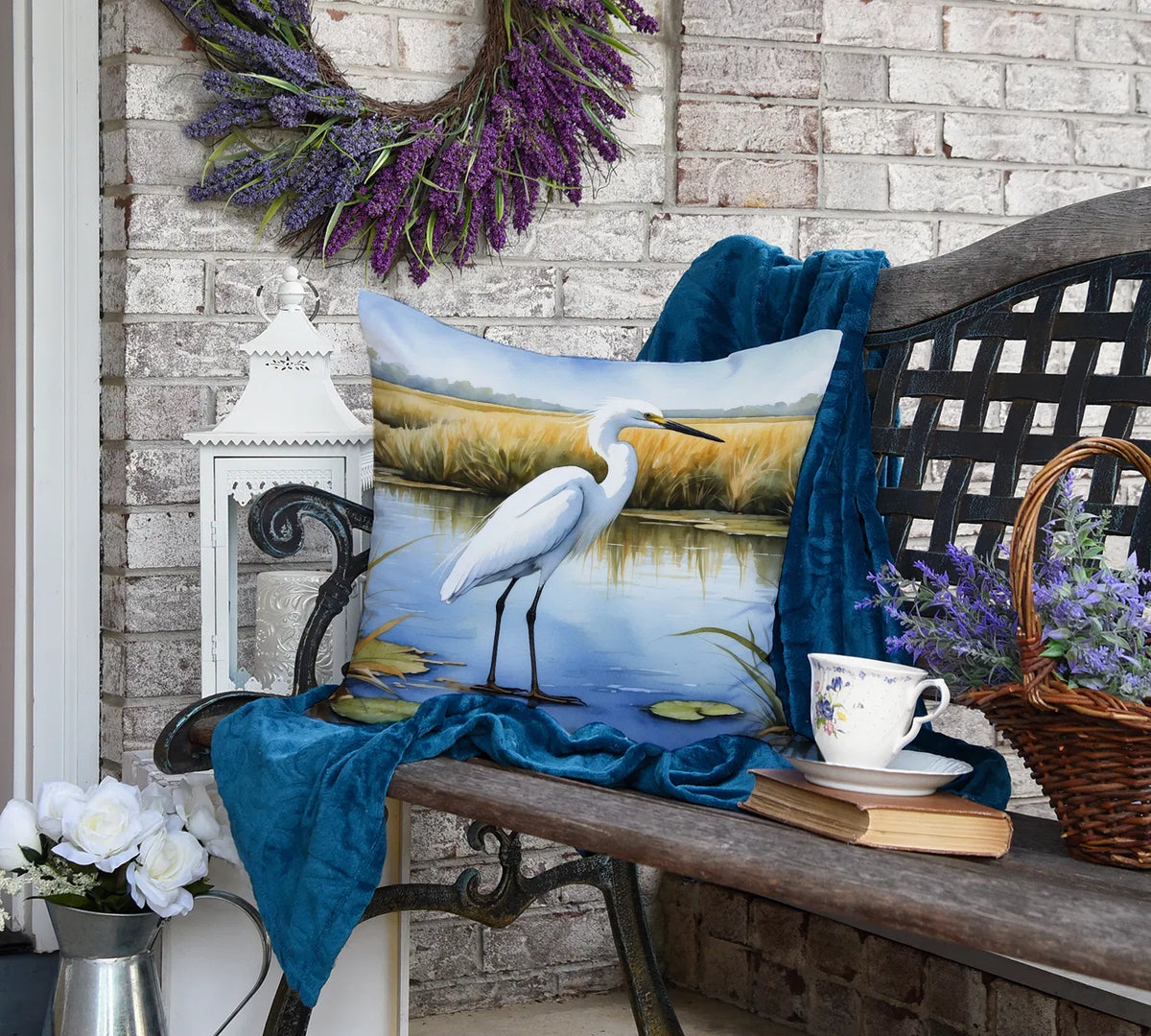 Snowy Egret In Coastal Marshes Throw Pillow Machine Washable, Indoor