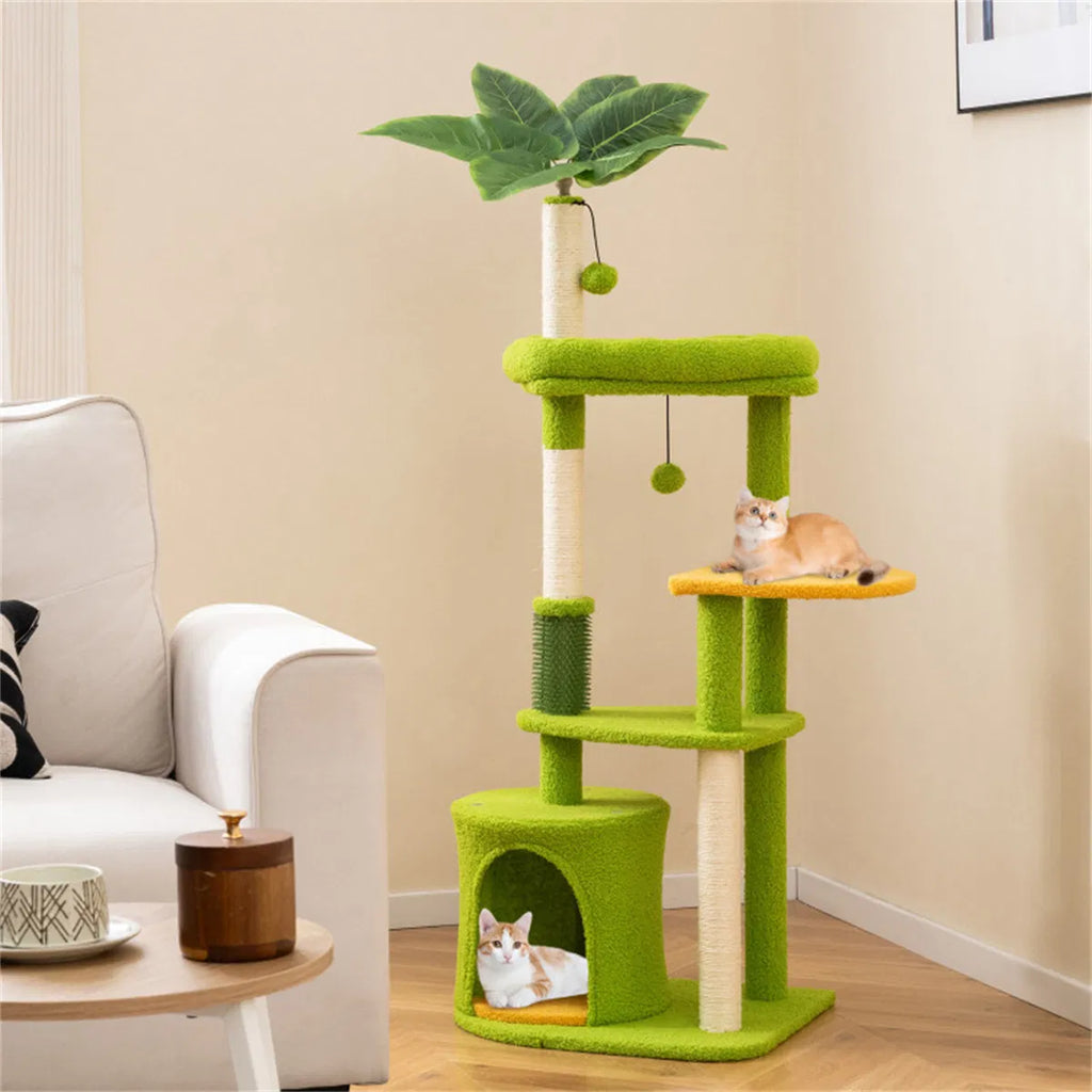 48" Cat Tree With Tropical Leaves - Self-groomer & Scratching Posts