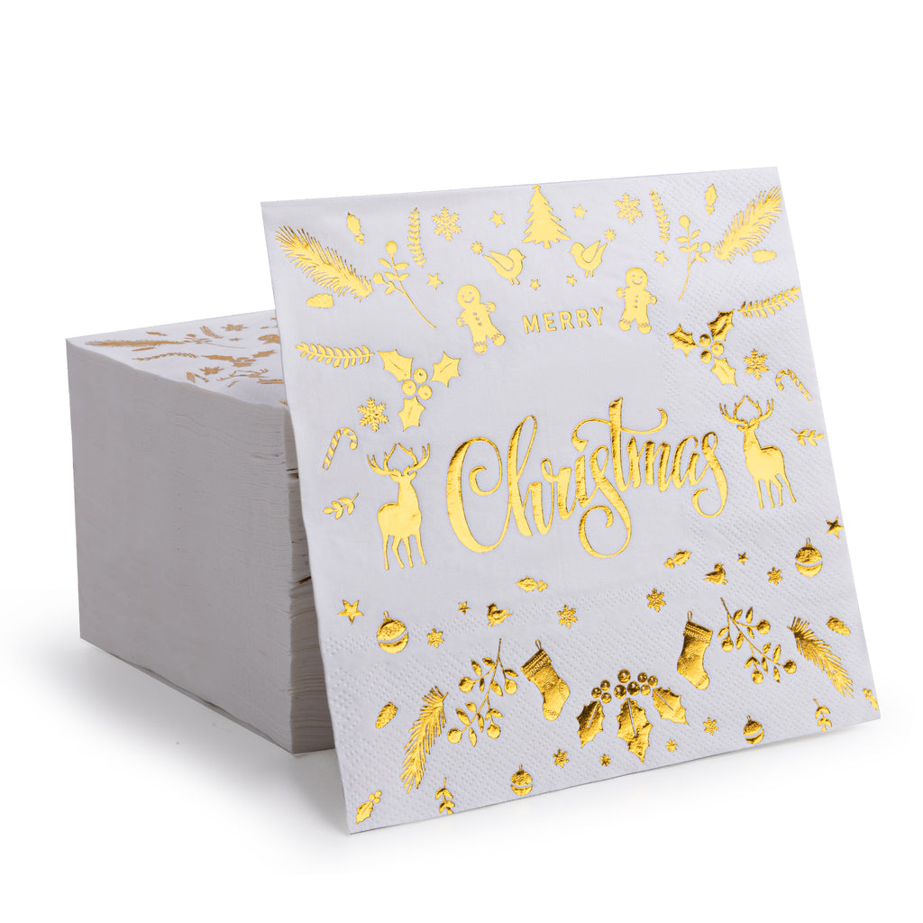 80Pcs Christmas Napkins, Disposable Gold Foil Xmas Embossed Cocktail
