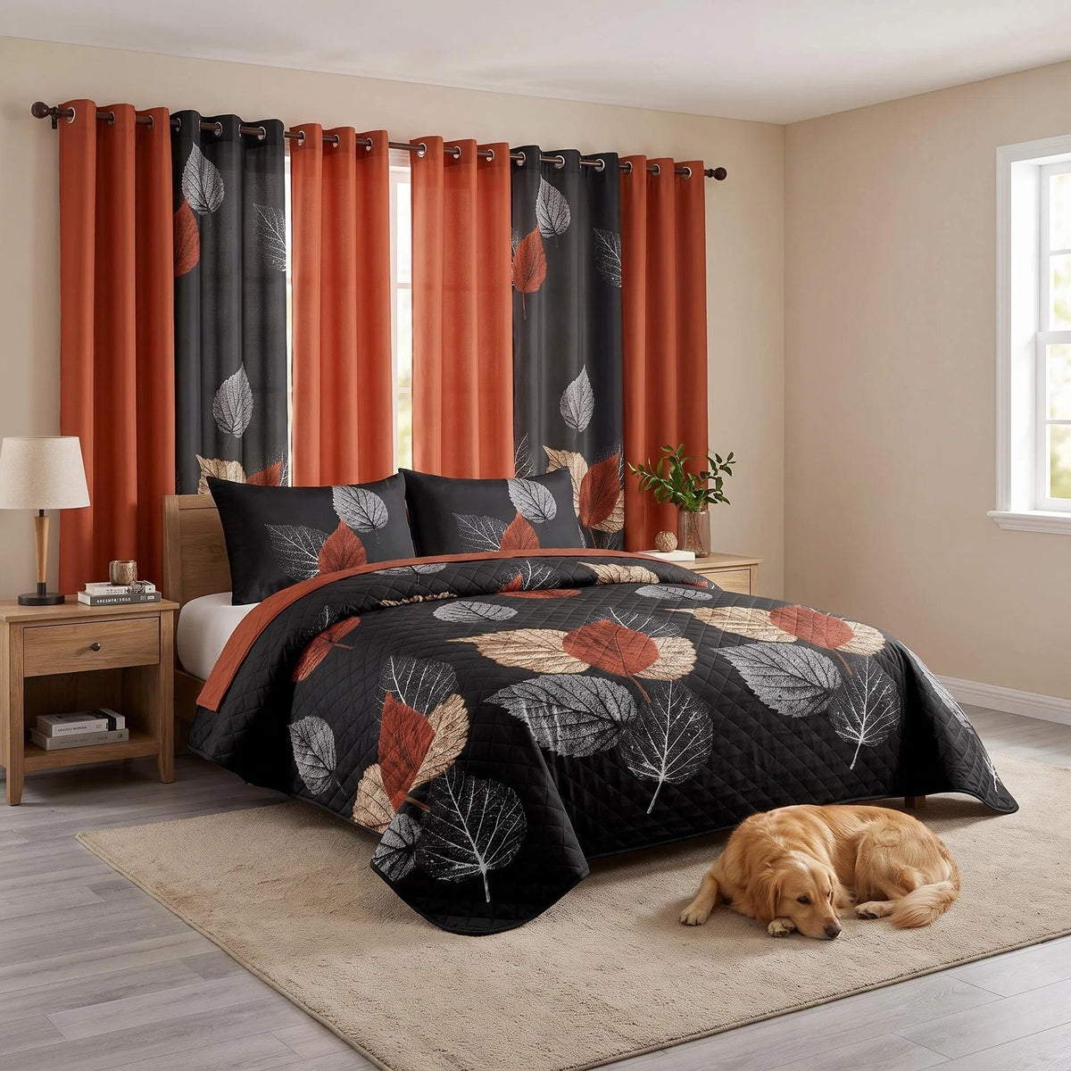 9-Piece Brown And Black Leaf Quilted Bedspread And Curtain Set