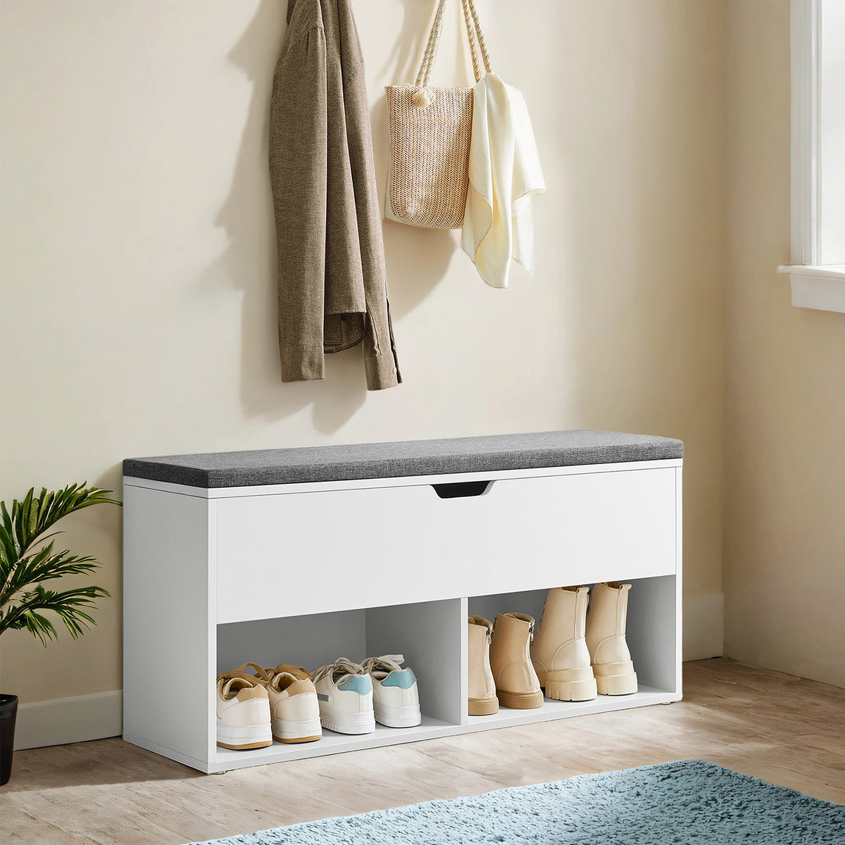 Shoe Storage Bench With Cushion, 2 Open And 1 Hidden Compartments