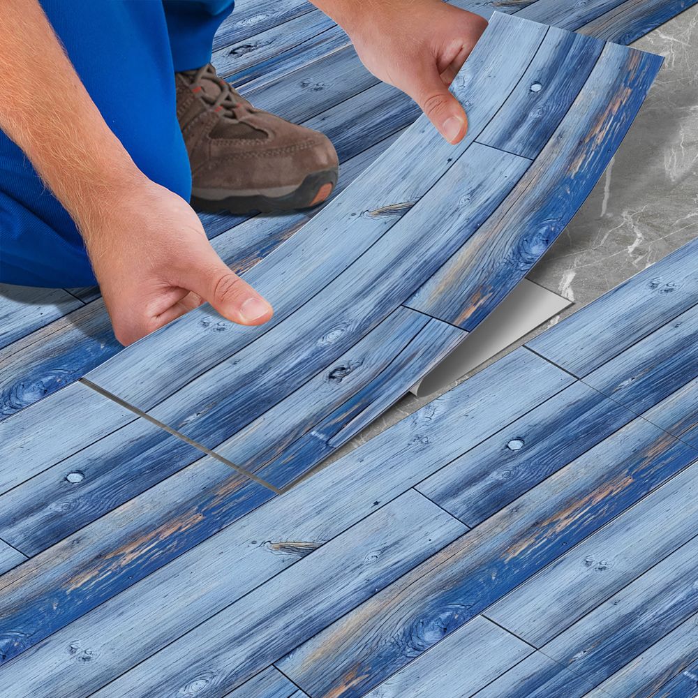 Blue Wood Grain Floor, Peel And Stick Floor Tiles, PVC Self-adhesive