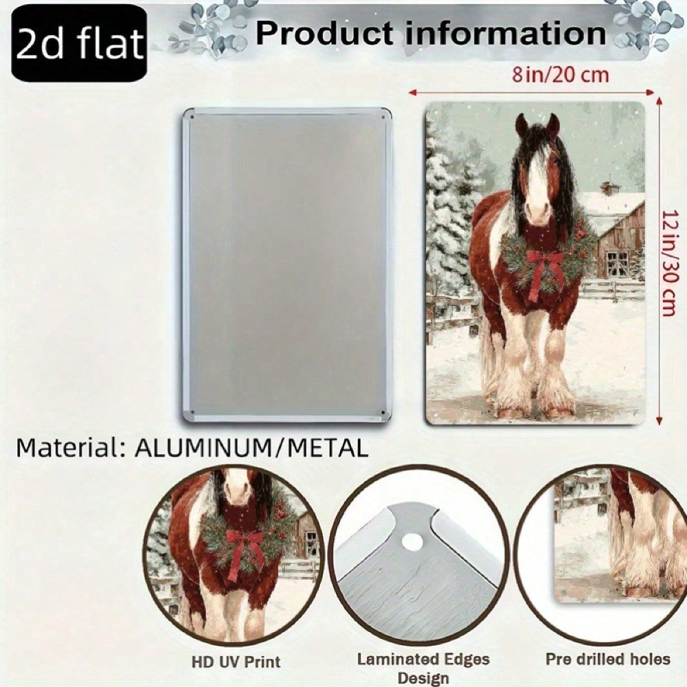 Vintage Christmas Horse Metal Tin Sign 8x12, Rustic Winter Red Ribbon