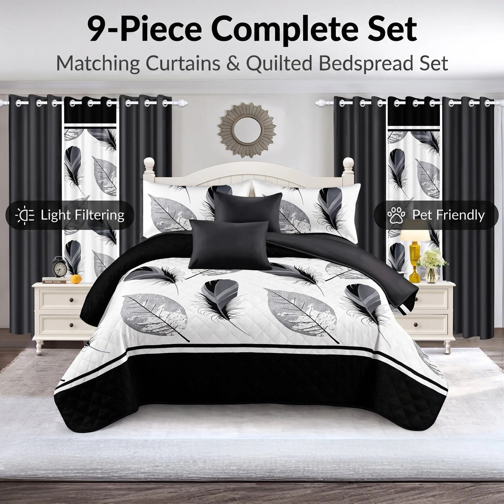 9-Piece Black And White Feather Bedspread And Curtain Set, Reversible