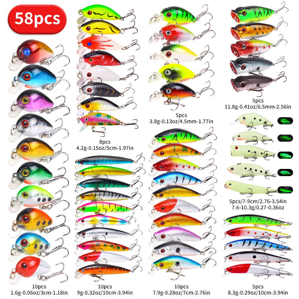 Topwater Fishing Lure Set (22, 58 or 102 Pieces)